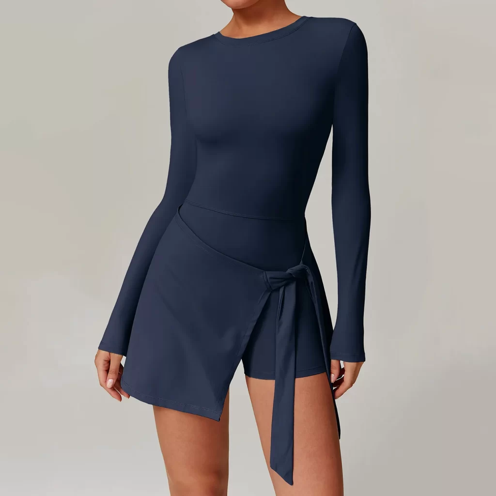 Women's Athletic Jumpsuit Long Sleeve Workout Dress Built in Shorts