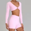 Wholesale Womens Activewear Twist Deep V Workout Cropped Tops private label activewear gym clothing manufacturers