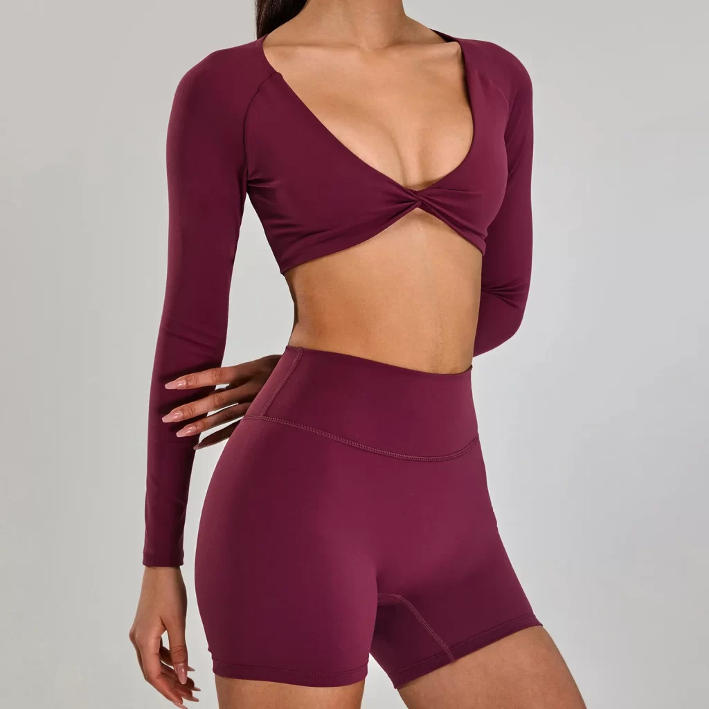 Wholesale Womens Activewear Twist Deep V Workout Cropped Tops