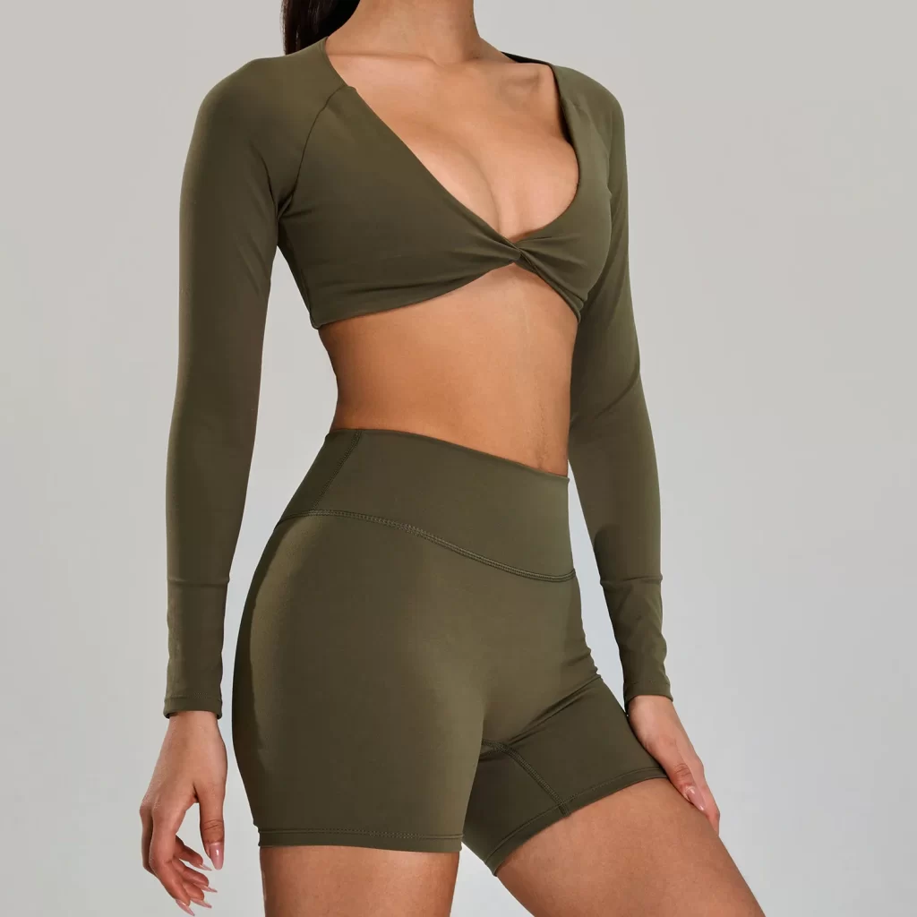 Wholesale Womens Activewear Twist Deep V Workout Cropped Tops private label activewear gym clothing manufacturers
