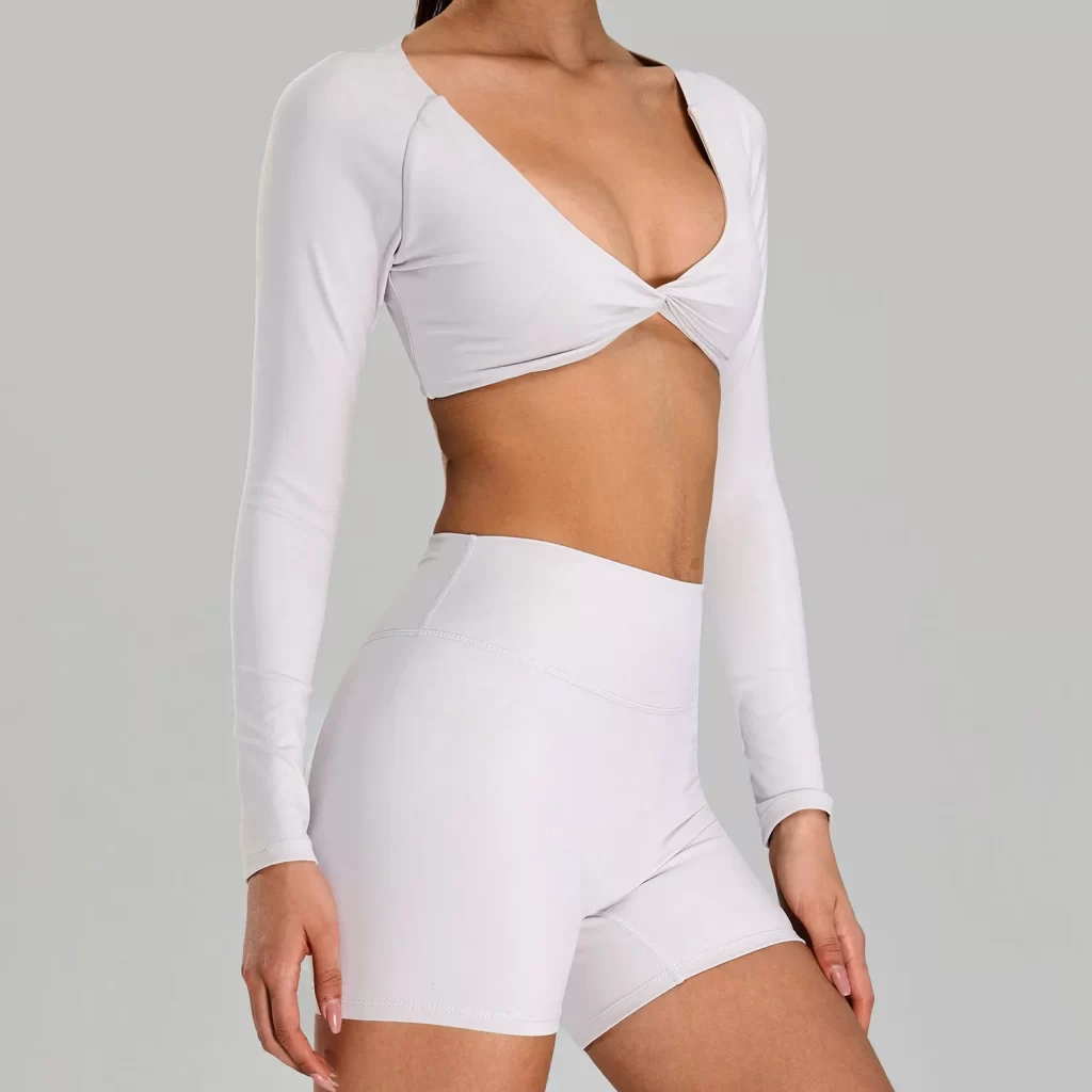 Wholesale Womens Activewear Twist Deep V Workout Cropped Tops private label activewear gym clothing manufacturers