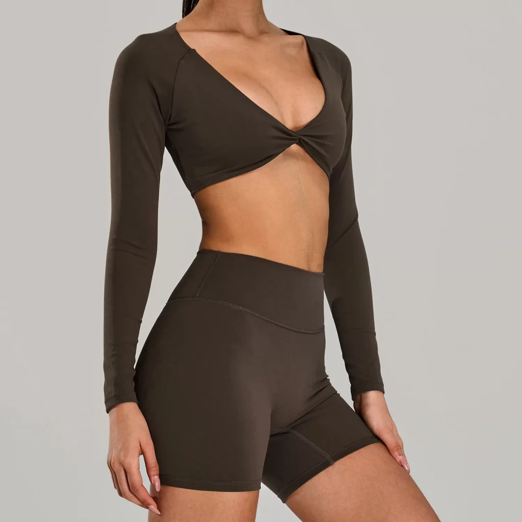 Wholesale Womens Activewear Twist Deep V Workout Cropped Tops private label activewear gym clothing manufacturers