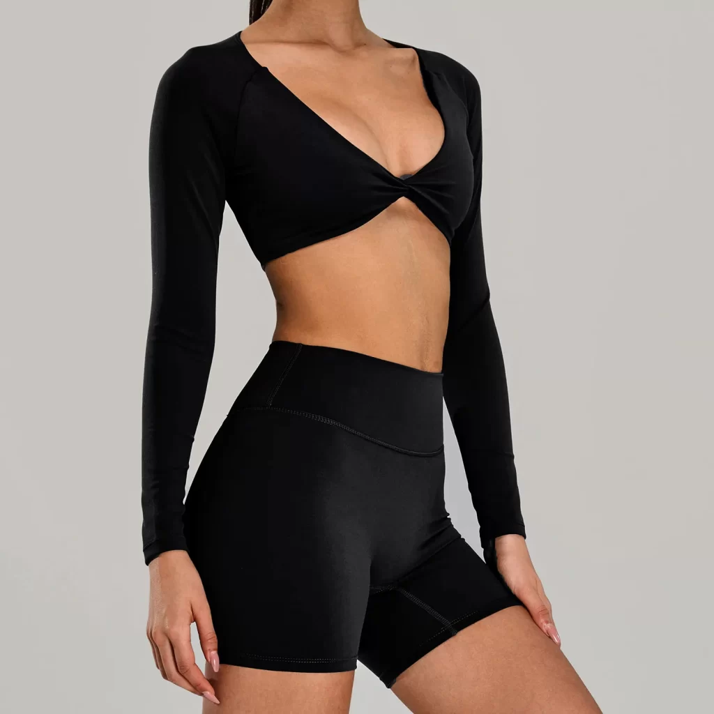 Wholesale Womens Activewear Twist Deep V Workout Cropped Tops private label activewear gym clothing manufacturers