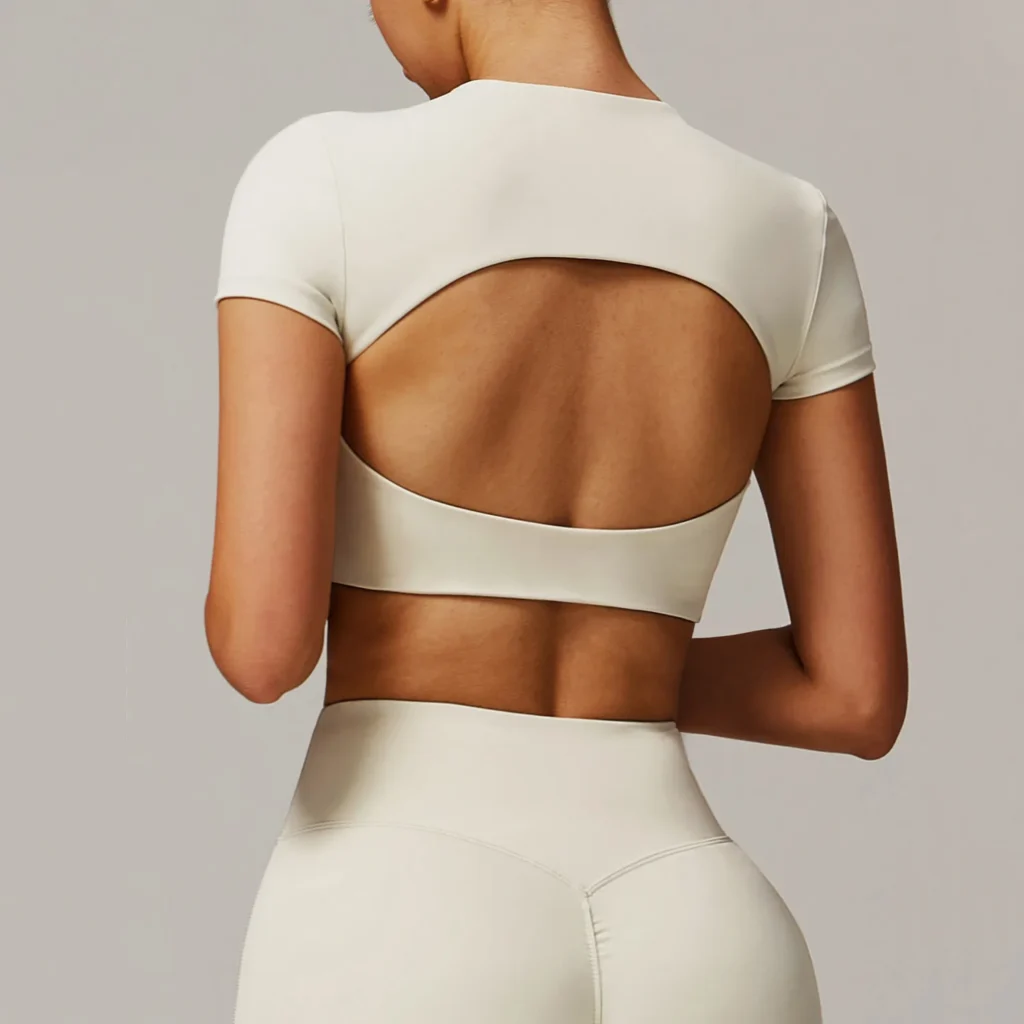 Yoga Apparel Manufacturers Open Back Crop Tops Short Sleeve Workout Shirts