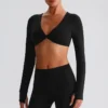 Long Sleeve Crop Tops Wholesale Sports Clothing Twist Deep V Workout T Shirt