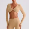 Long Sleeve Crop Tops Wholesale Sports Clothing Twist Deep V Workout T Shirt