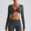 Long Sleeve Crop Tops Wholesale Sports Clothing Twist Deep V Workout T Shirt