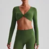 Long Sleeve Crop Tops Wholesale Sports Clothing Twist Deep V Workout T Shirt