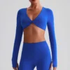 Long Sleeve Crop Tops Wholesale Sports Clothing Twist Deep V Workout T Shirt