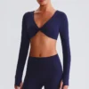 Long Sleeve Crop Tops Wholesale Sports Clothing Twist Deep V Workout T Shirt