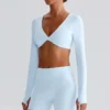 Long Sleeve Crop Tops Wholesale Sports Clothing Twist Deep V Workout T Shirt