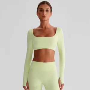 Square Neck Yoga Crop Top Wholesale Yoga Wear Slim Fit Long Sleeve Padded Shirts