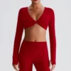 Long Sleeve Crop Tops Wholesale Sports Clothing Twist Deep V Workout T Shirt