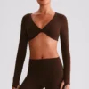 Long Sleeve Crop Tops Wholesale Sports Clothing Twist Deep V Workout T Shirt