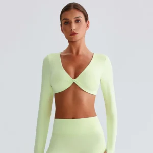 Long Sleeve Crop Tops Wholesale Sports Clothing Twist Deep V Workout T Shirt