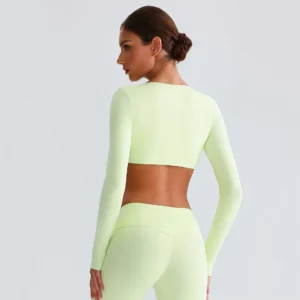 Long Sleeve Crop Tops Wholesale Sports Clothing Twist Deep V Workout T Shirt