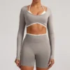 Fake Two Pieces Long Sleeve Crop Tops Workout Bodysuit Long Sleeve Wholesale Womens Sportswear Fake Two Pieces Long Sleeve Crop Tops Workout Bodysuit Long Sleeve Wholesale Womens Sportswear