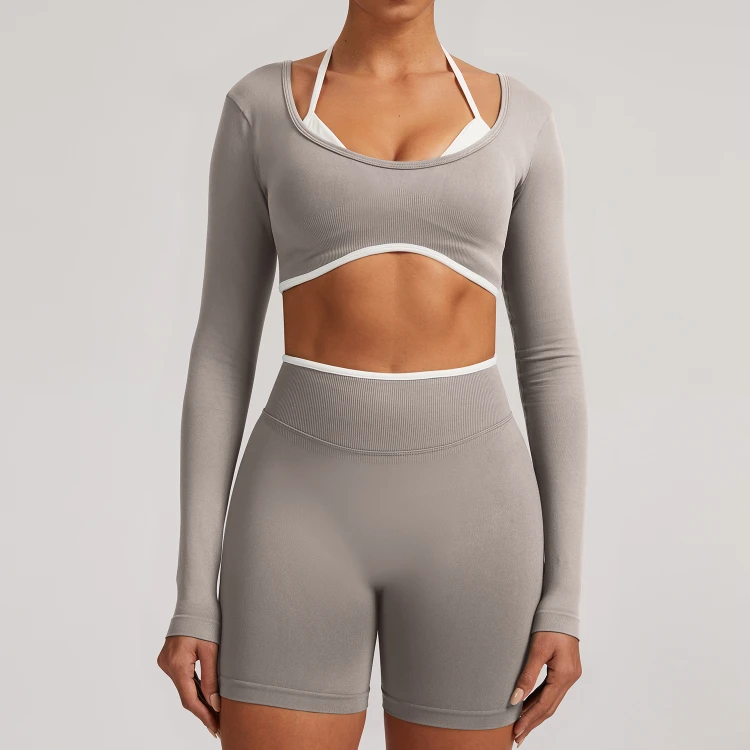 Fake Two Pieces Long Sleeve Crop Tops Workout Bodysuit Long Sleeve Wholesale Womens Sportswear