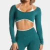Fake Two Pieces Long Sleeve Crop Tops Workout Bodysuit Long Sleeve Wholesale Womens Sportswear