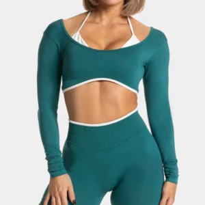 Fake Two Pieces Long Sleeve Crop Tops Workout Bodysuit Long Sleeve Wholesale Womens Sportswear