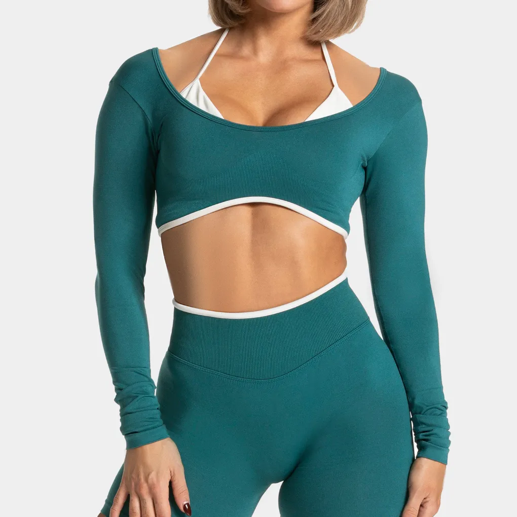 Fake Two Pieces Long Sleeve Crop Tops Workout Bodysuit Long Sleeve Wholesale Womens Sportswear