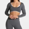 Fake Two Pieces Long Sleeve Crop Tops Workout Bodysuit Long Sleeve Wholesale Womens Sportswear