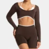 Fake Two Pieces Long Sleeve Crop Tops Workout Bodysuit Long Sleeve Wholesale Womens Sportswear