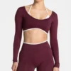Fake Two Pieces Long Sleeve Crop Tops Workout Bodysuit Long Sleeve Wholesale Womens Sportswear