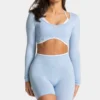 Fake Two Pieces Long Sleeve Crop Tops Workout Bodysuit Long Sleeve Wholesale Womens Sportswear