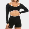 Fake Two Pieces Long Sleeve Crop Tops Workout Bodysuit Long Sleeve Wholesale Womens Sportswear