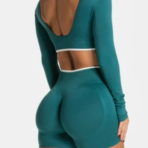 Fake Two Pieces Long Sleeve Crop Tops Workout Bodysuit Long Sleeve Wholesale Womens Sportswear