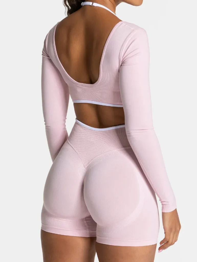 Fake Two Pieces Long Sleeve Crop Tops Workout Bodysuit Long Sleeve Wholesale Womens Sportswear