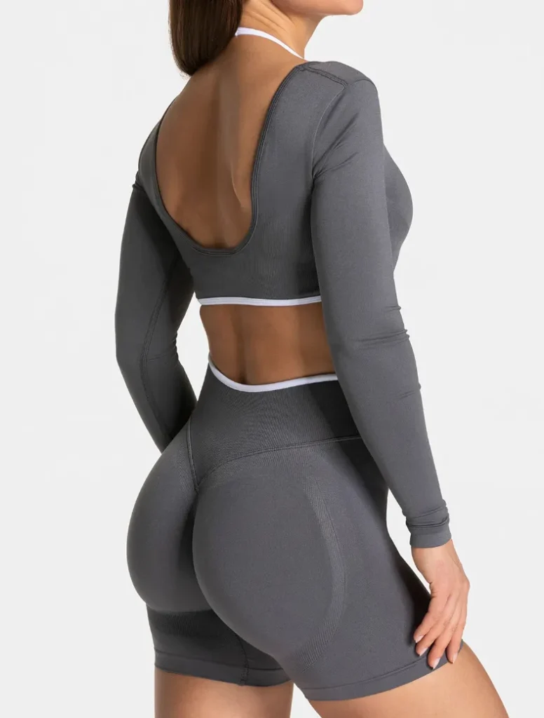 Fake Two Pieces Long Sleeve Crop Tops Workout Bodysuit Long Sleeve Wholesale Womens Sportswear